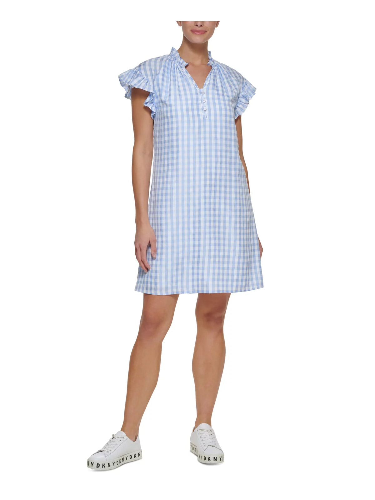 Blue Ruffled Button Detail Lined Gingham Flutter Sleeve Short Shift Dress P7912