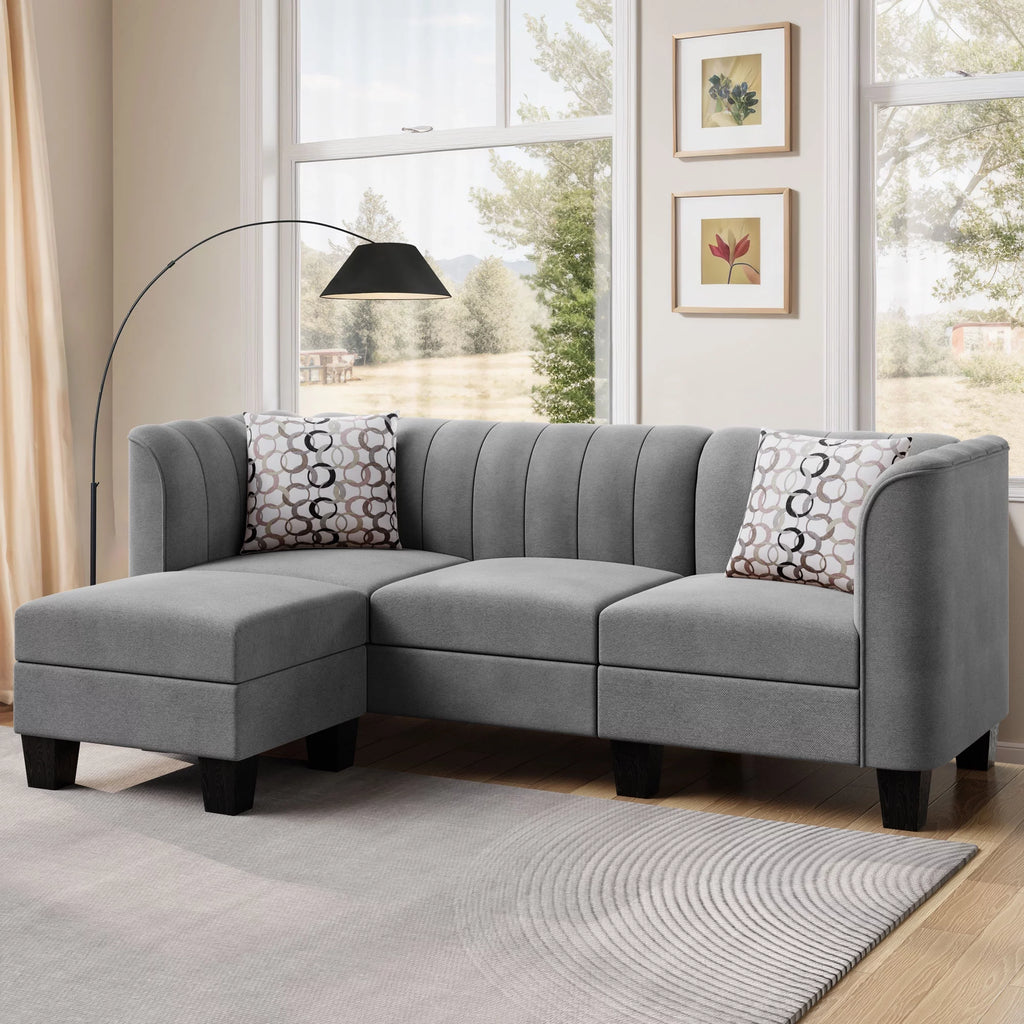 Black L Shaped Linen Fabric Sectional Sofa T3431