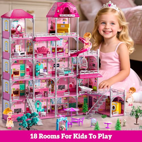 Indoor Playset with 4 Storeys 11 Rooms 2 Dolls M865336