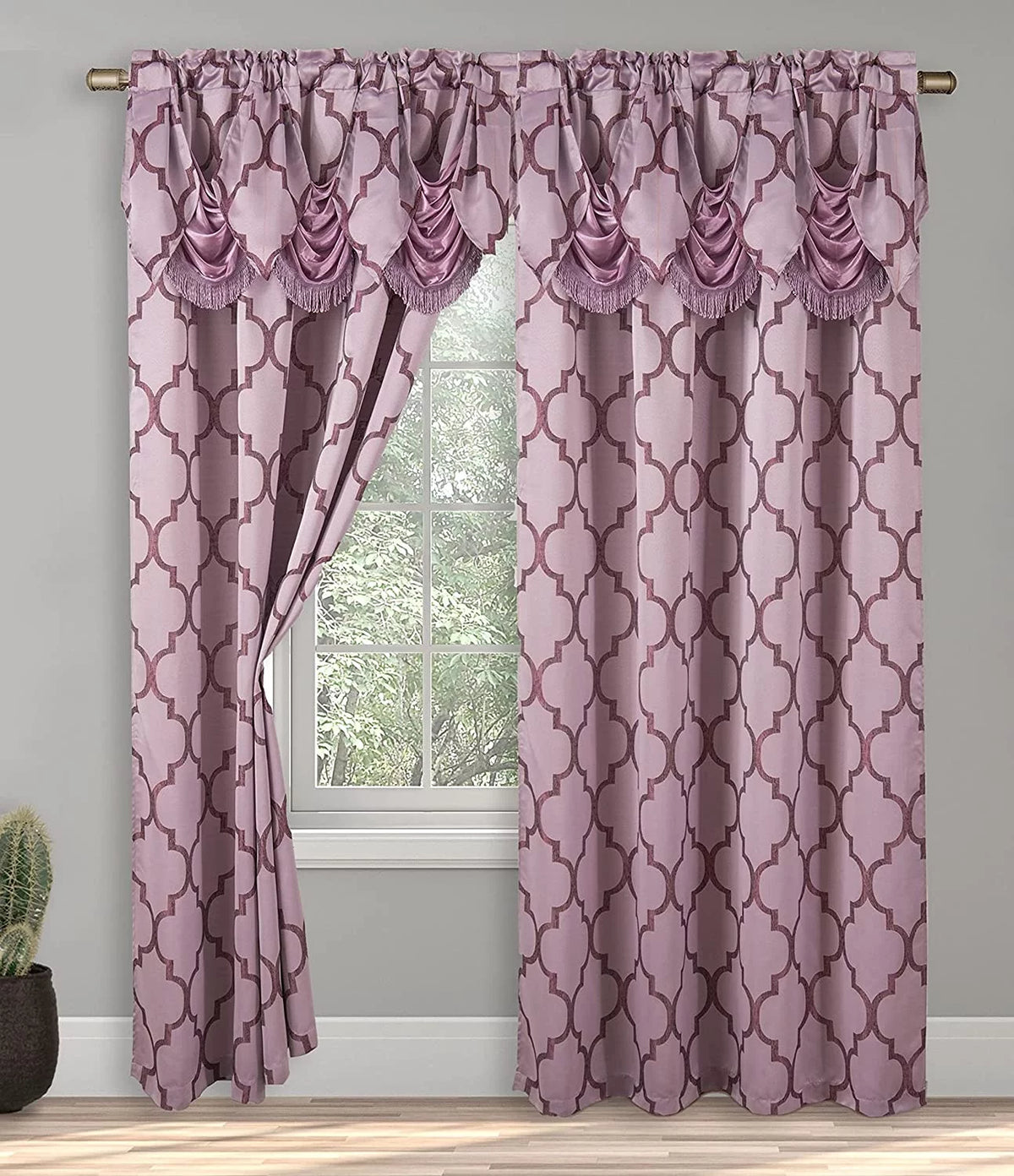 Moroccan Trellis Print Curtain Panels with Attached Valance, 54 X 84 inches, Set of 2, Purple K8225