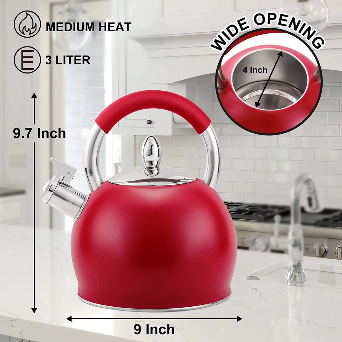 Red Stainless Steel Tea Kettle with Silicone Handle 3.2 Quart B741812