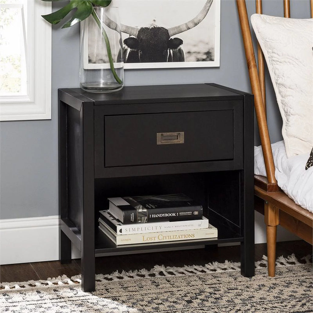 2-Piece 1-Drawer Solid Wood Nightstand Set in Black N587