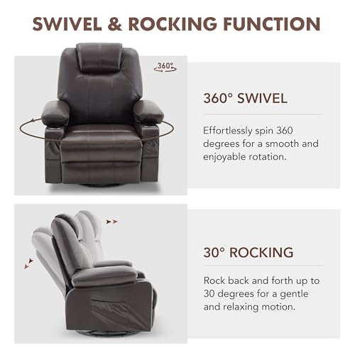 Brown Leather Oversized Swivel Rocker Recliner Chair with Heat and Massage T443977