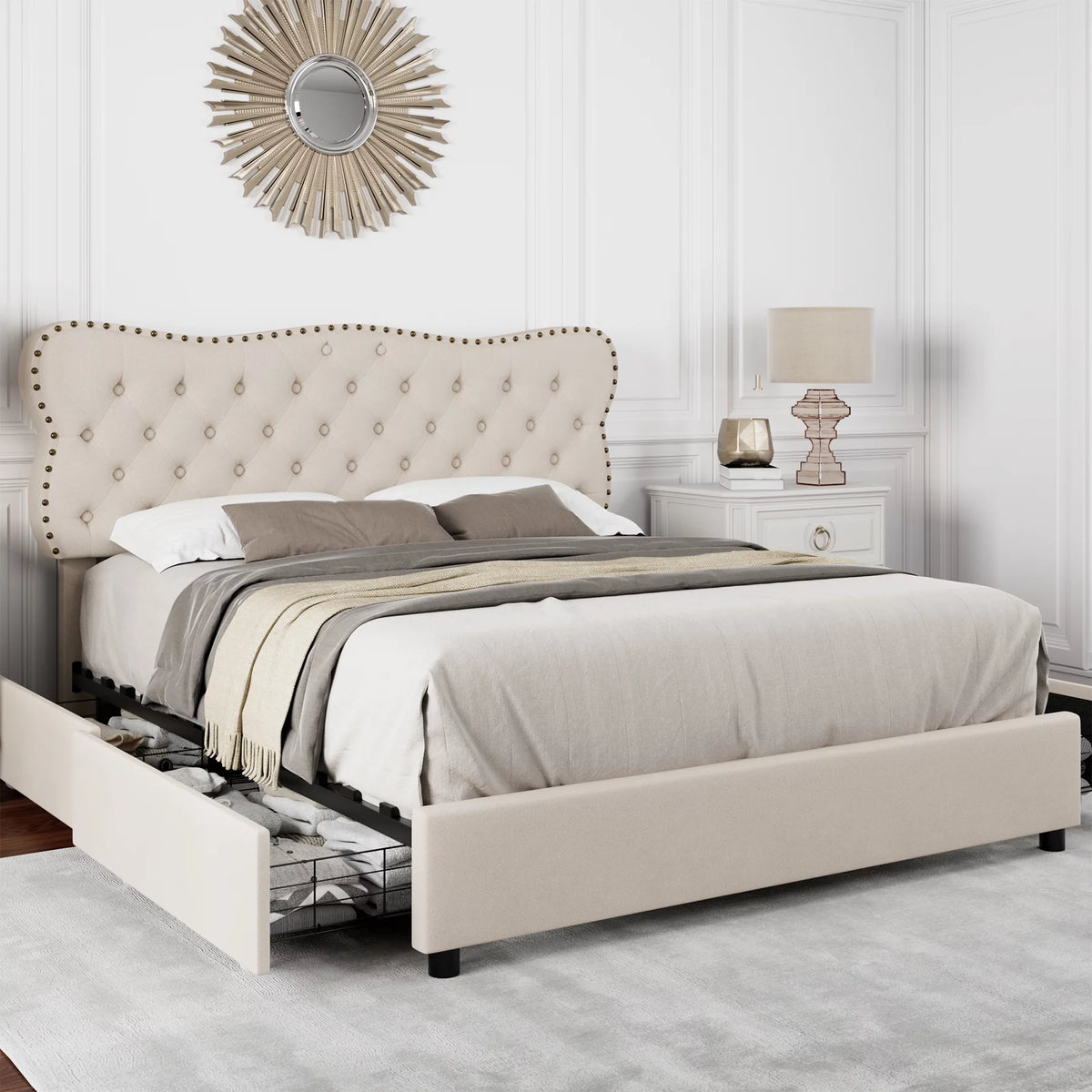 White Queen Bed Frame with Drawer J711544