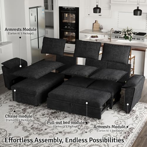 Oversized Modular Sectional Sleeper Sofa with Pull Out Bed and Storage Ottomans Chenille Black K741