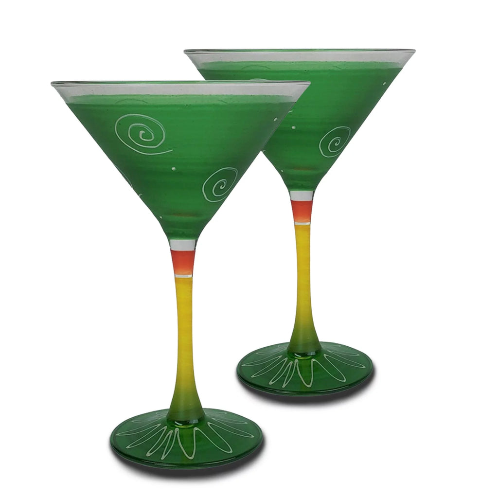 Set of 2 Green and White Hand Painted Wine Glasses 7.5 oz Y139716