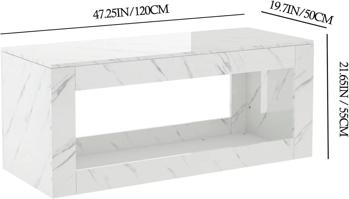 47.3IN High Gloss LED Coffee Table with Marbling Print V539683