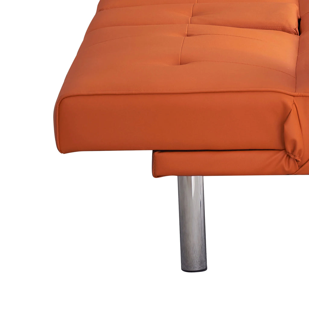Orange Faux Leather Futon Sofa Bed with Cup Holders H51965