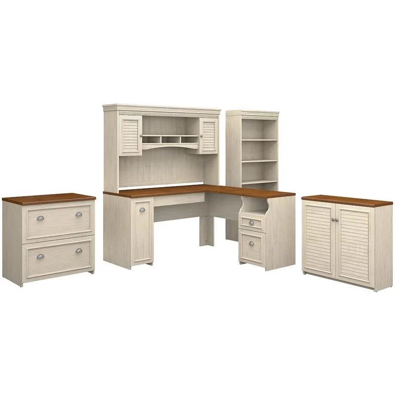 Antique White 5 Pc Engineered Wood Desk with Storage X47457