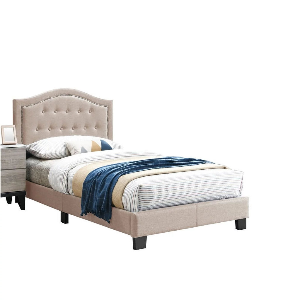Twin Burlap Fabric Upholstered Bed Frame with Slats in Light Brown K137