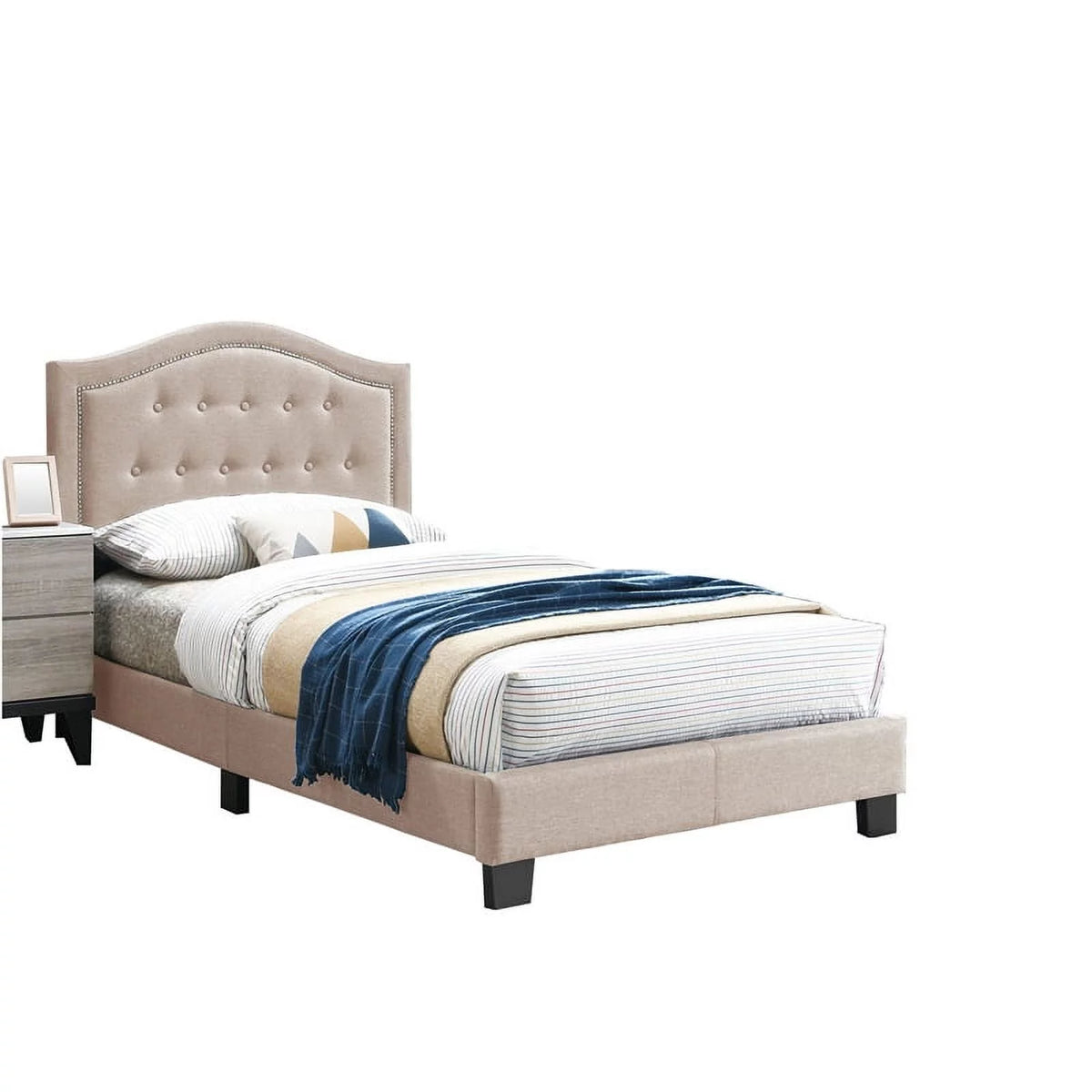 Twin Burlap Fabric Upholstered Bed Frame with Slats in Light Brown K137
