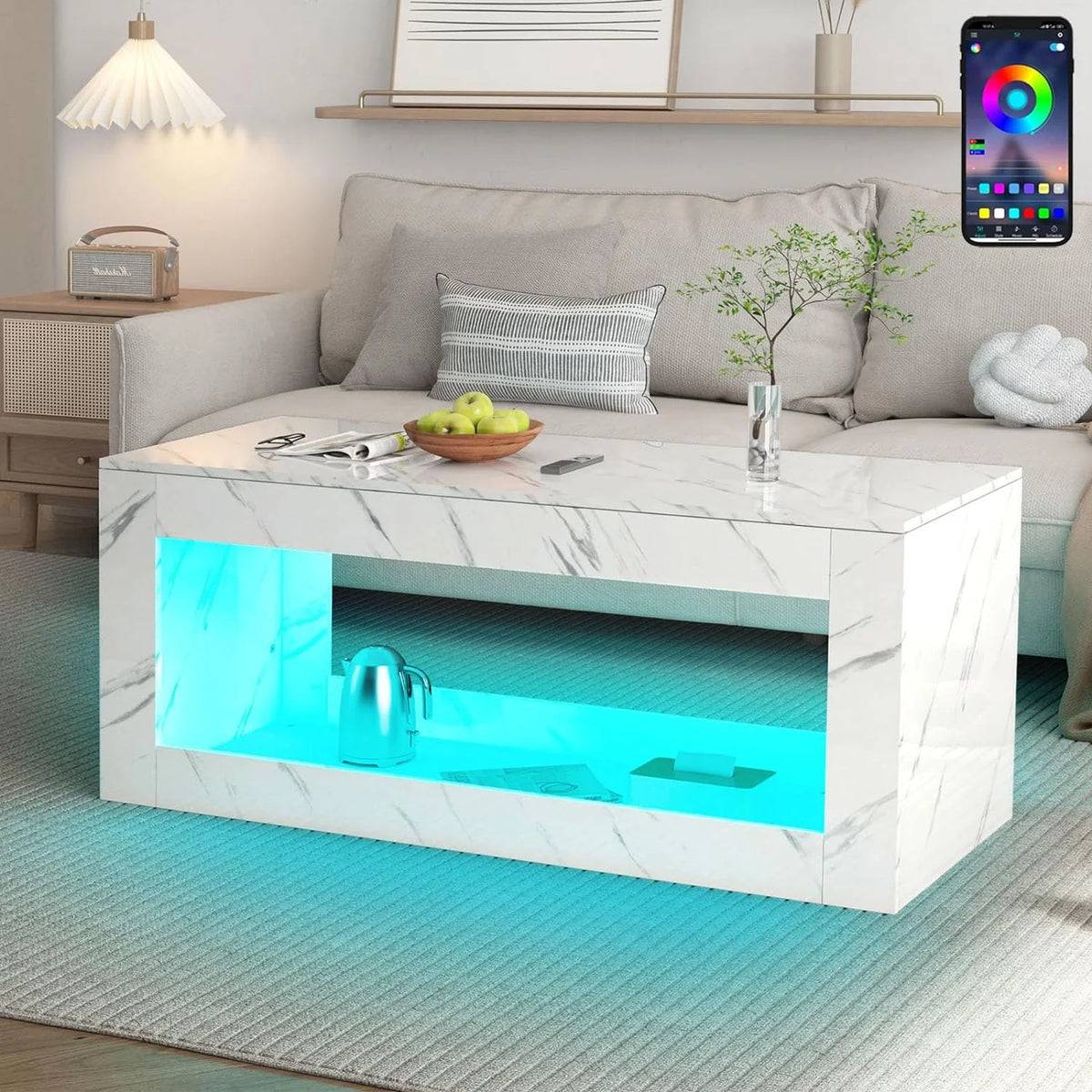 47.3IN High Gloss LED Coffee Table with Marbling Print V539683