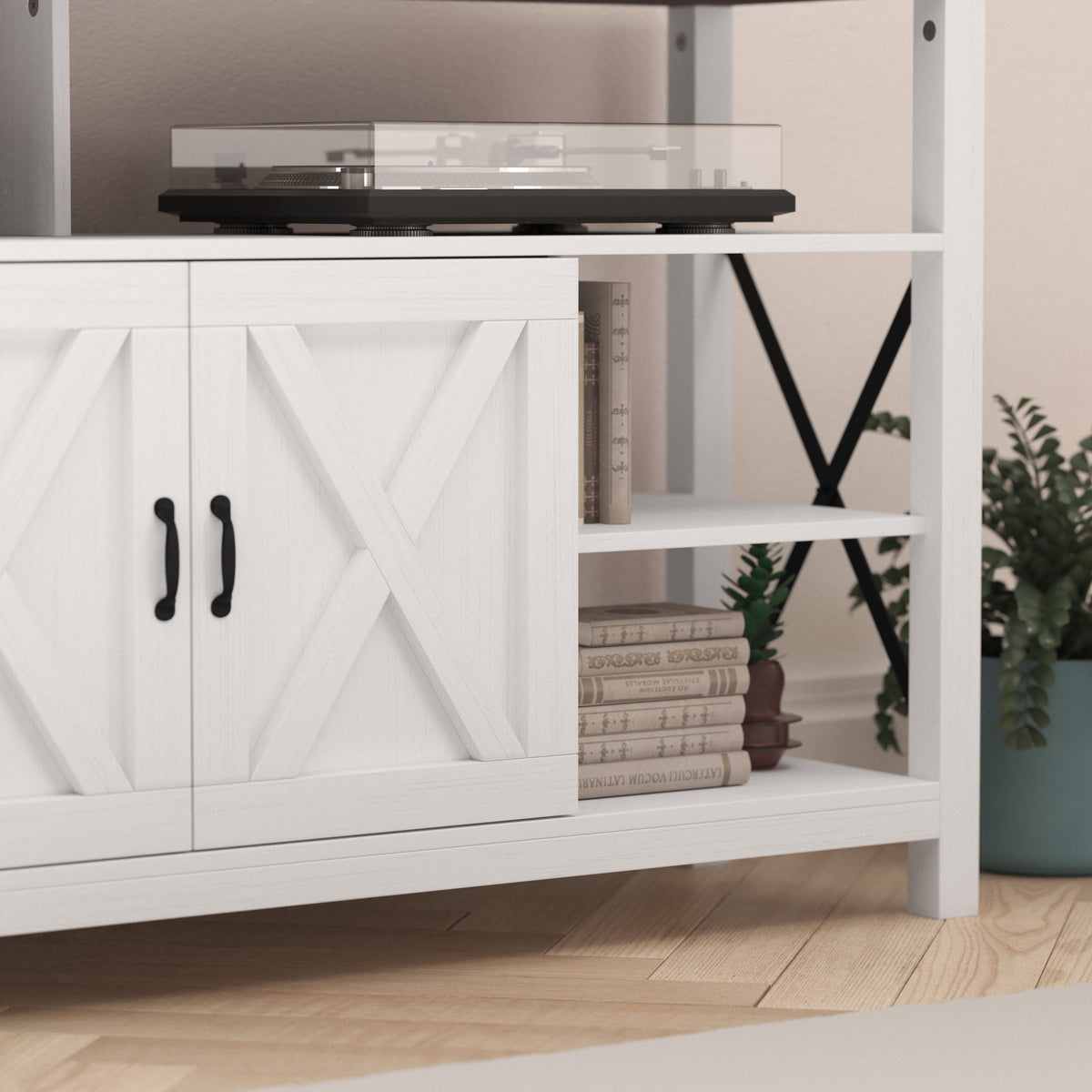 60" White Media Console with Rustic Oak Top J67585