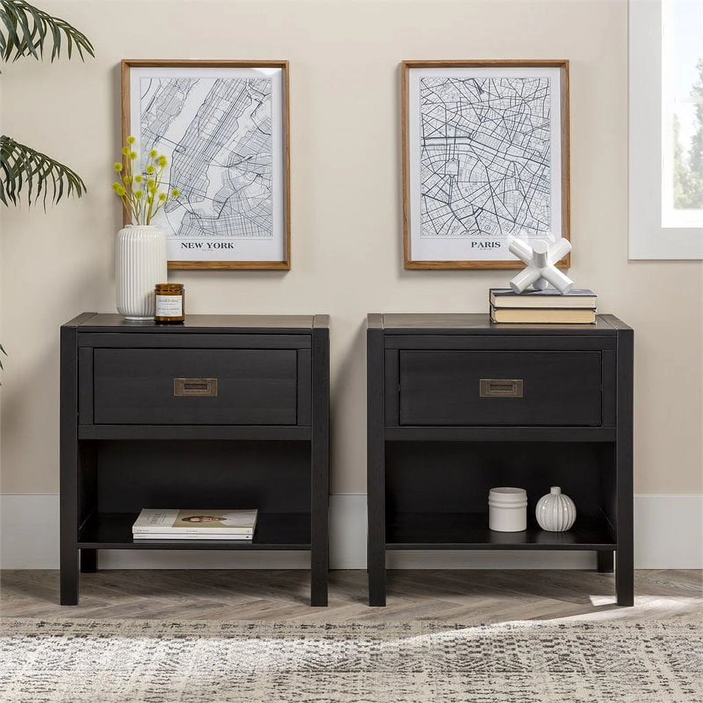 2-Piece 1-Drawer Solid Wood Nightstand Set in Black N587