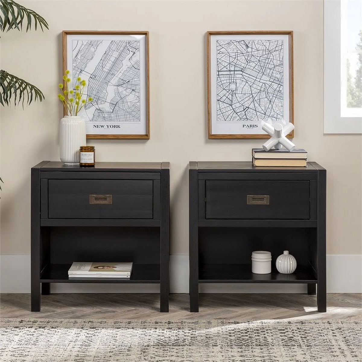 2-Piece 1-Drawer Solid Wood Nightstand Set in Black N587