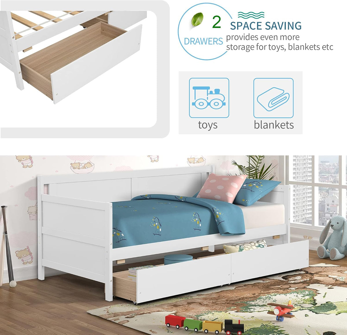 Twin White Daybed Frame with 2 Storage Drawers O25162