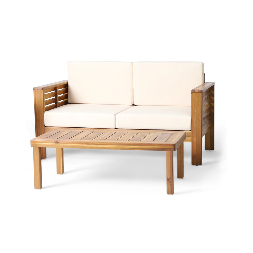 Acacia Wood Outdoor Loveseat and Coffee Table Set with Cushions O68840