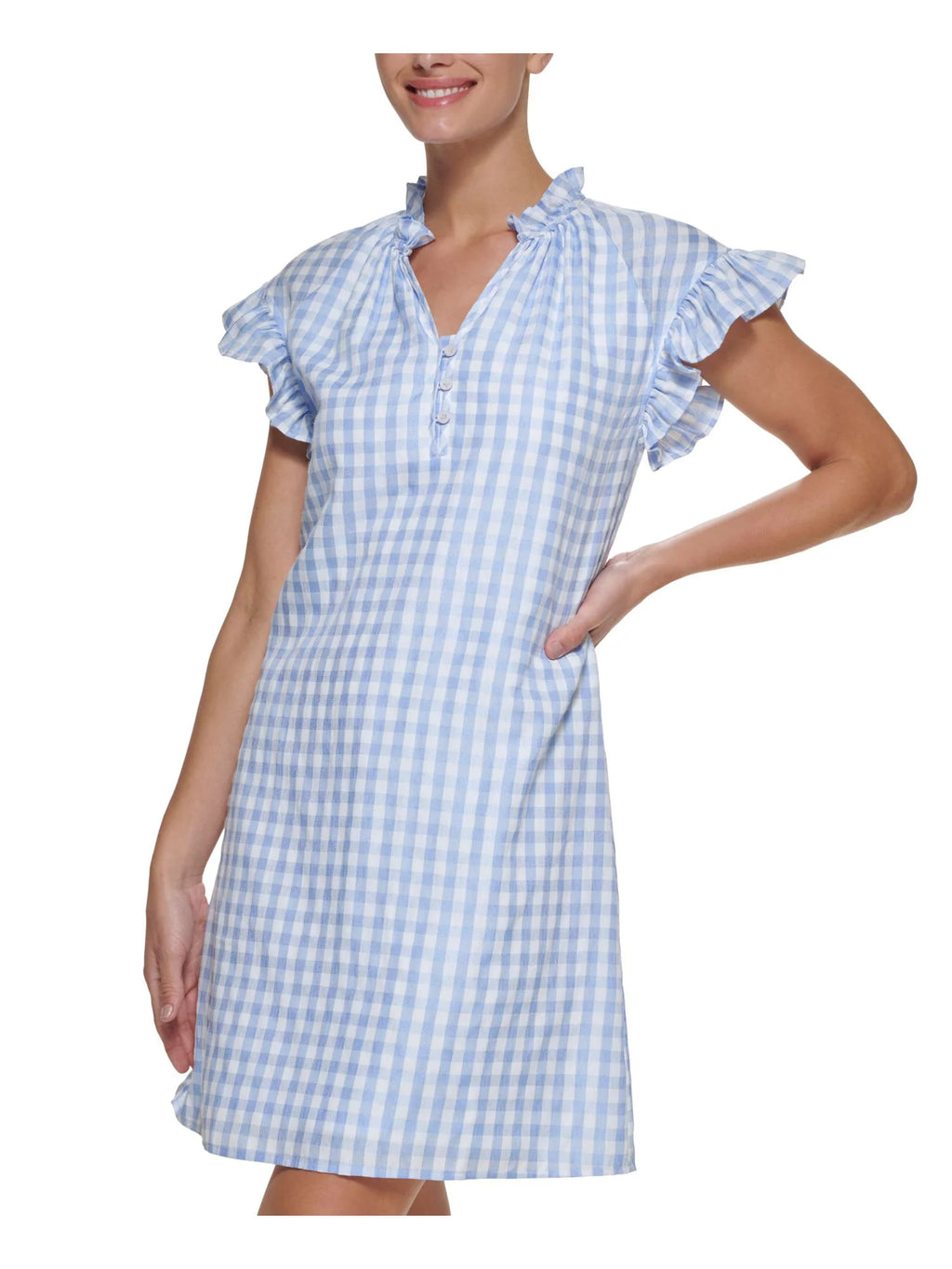 Blue Ruffled Button Detail Lined Gingham Flutter Sleeve Short Shift Dress P7912