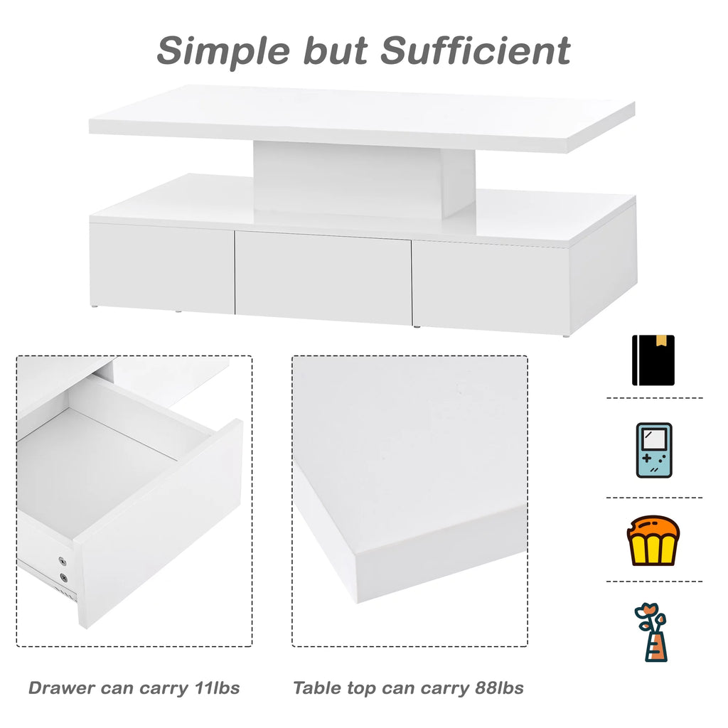 39.3" Coffee Table with Drawer, 2-Tier Rectangle LED White High Gloss V1076
