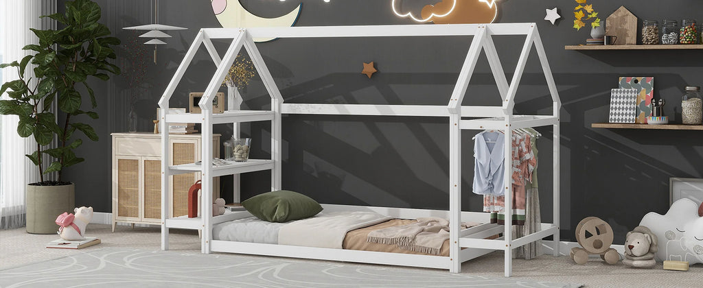 Twin House-Shaped Floor Bed Frame with 2 Detachable Stands White D948455