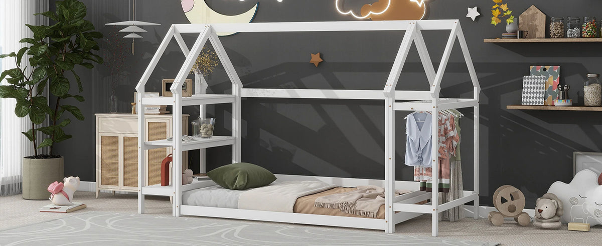 Twin House-Shaped Floor Bed Frame with 2 Detachable Stands White D948455