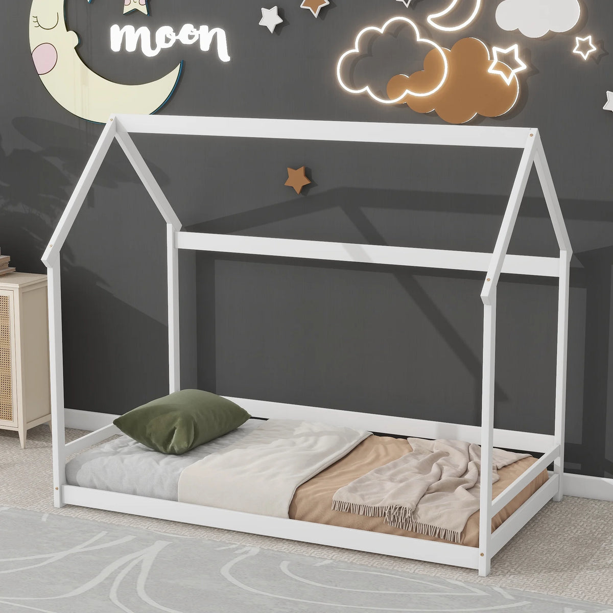 Twin House-Shaped Floor Bed Frame with 2 Detachable Stands White D948455
