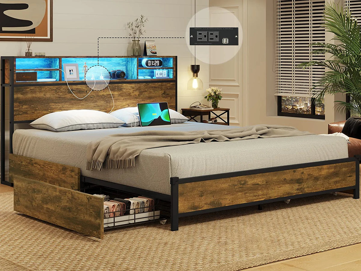Full Size LED Metal Platform Bed Frame with Storage Drawers O99378