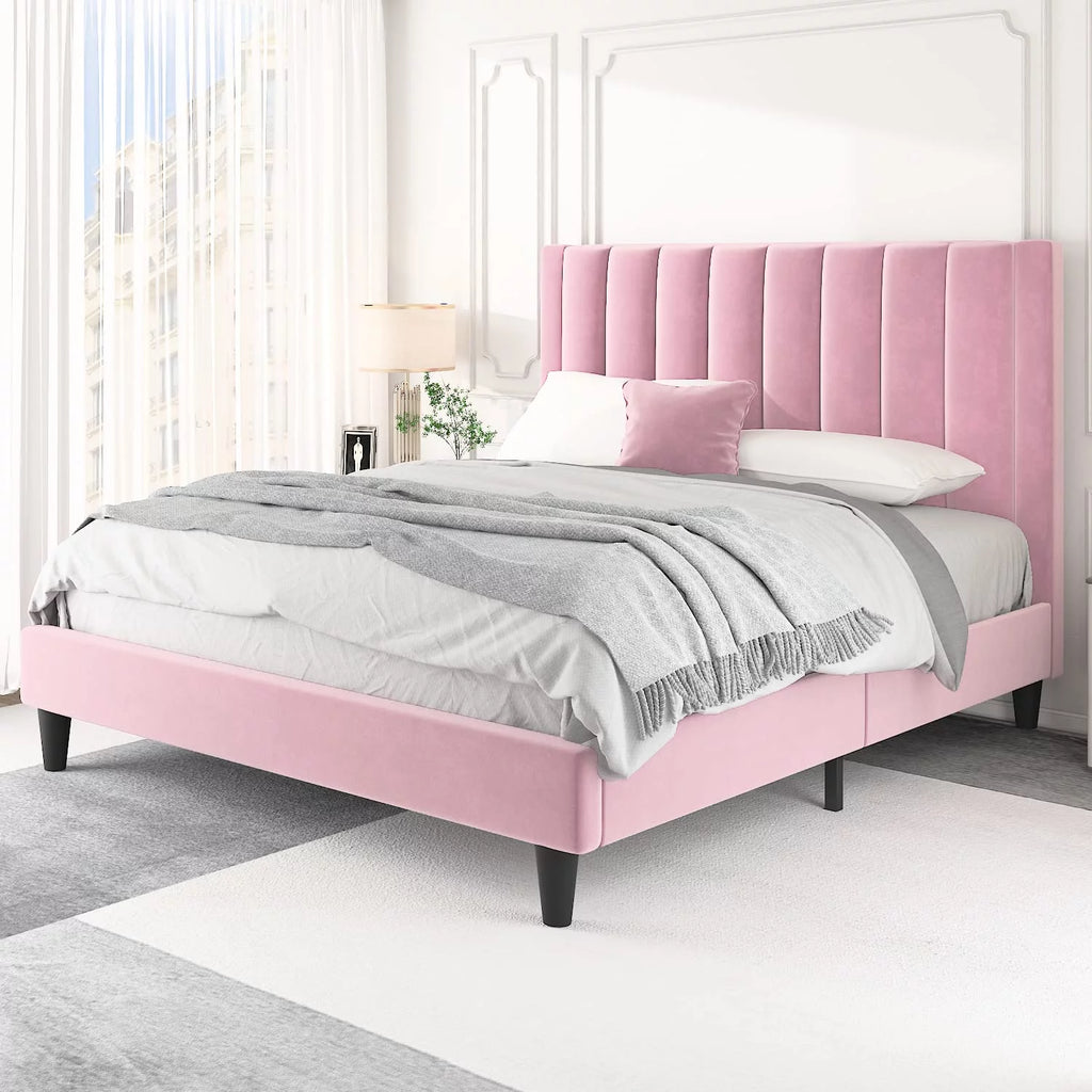 Full Size Platform Bed Frame with Velvet Headboard P811