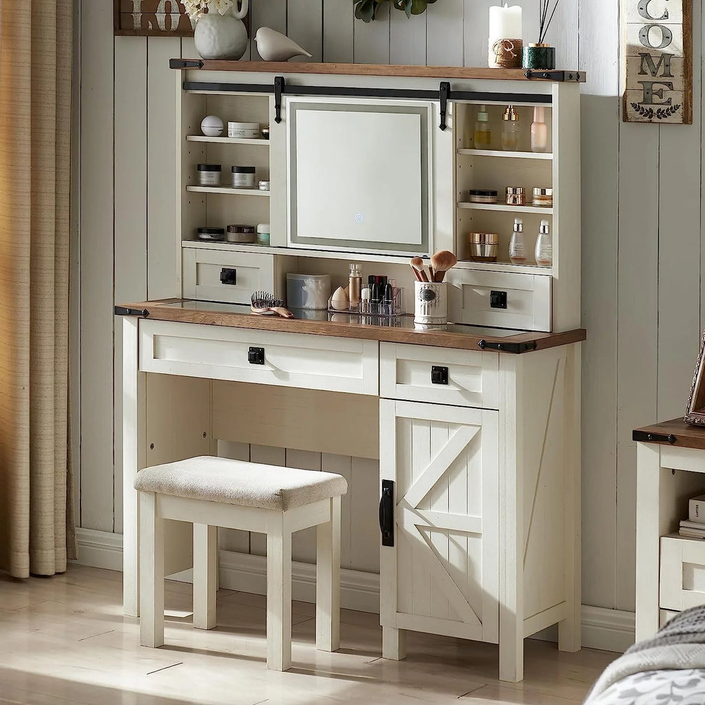 White Vanity Set with Sliding Lighted Mirror and Stool Q396