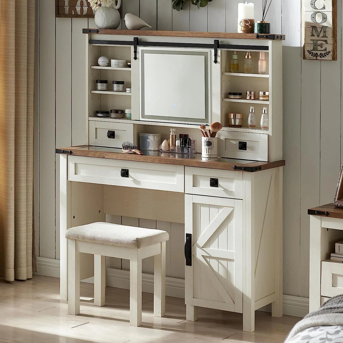 White Vanity Set with Sliding Lighted Mirror and Stool Q396
