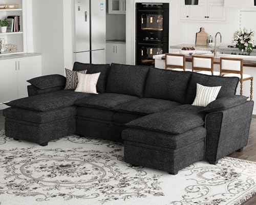 Oversized Modular Sectional Sleeper Sofa with Pull Out Bed and Storage Ottomans Chenille Black K741