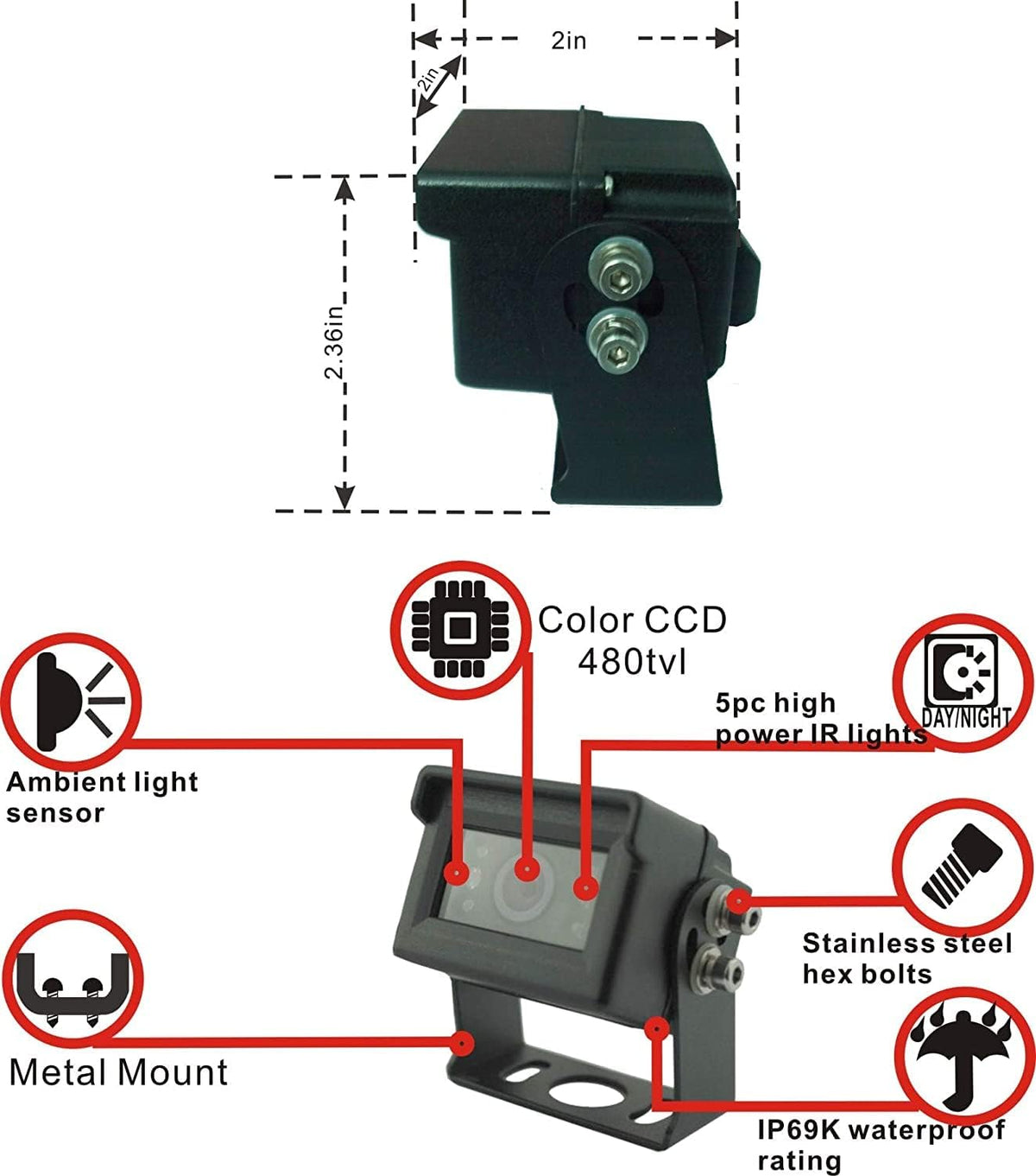 Wired Dual Backup Camera Kit, 7 LCD Monitor, IP69K Waterproof Rear View Camera P164017
