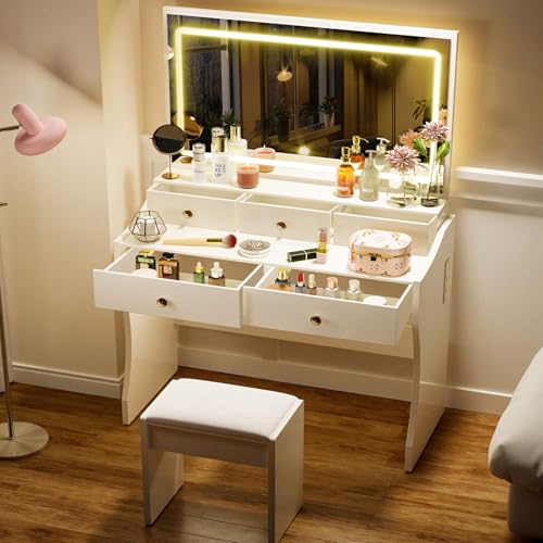 Pure White Vanity Desk and Chair Set with 5 Drawers L326045