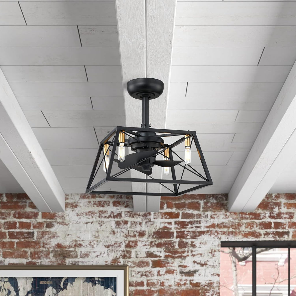 Black and Gold Caged Ceiling Fan with LED Light Kit L984