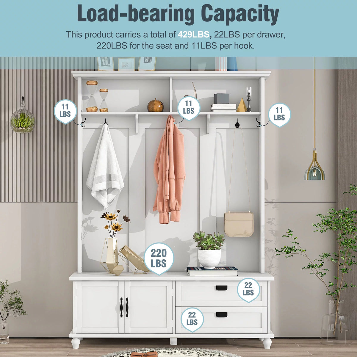 White Hall Tree with Storage Cabinet and 2 Drawers N7673