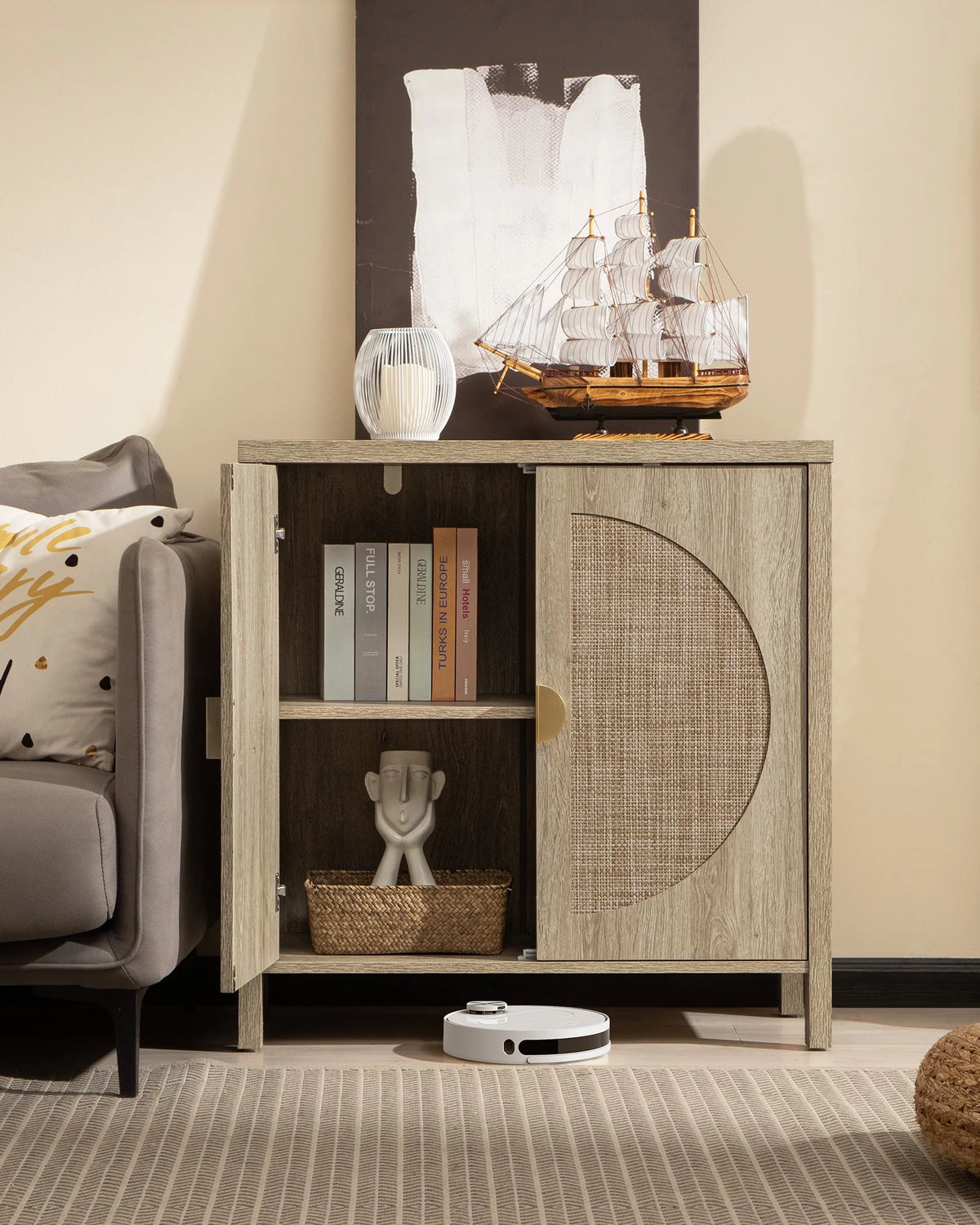Oak Rattan Sideboard Storage Cabinet Set of 2 Z53374