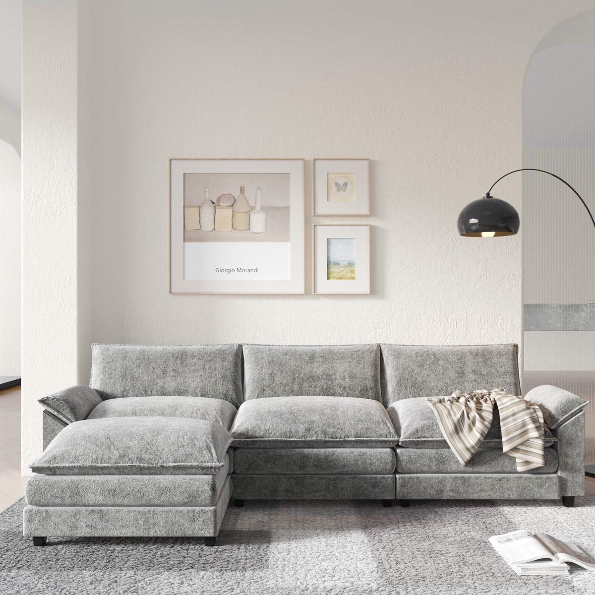 3-seat Sectional Sofa with Reversible Chair and Ottoman, Gray R609683