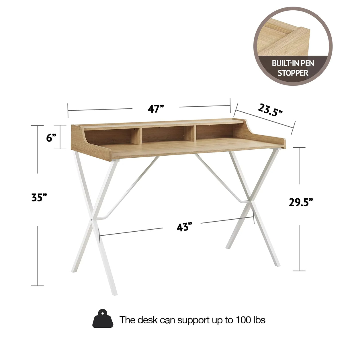 Modern Writing Desk with 3 Built-in Cubbies Storage and Metal Leg in Natural White N9723