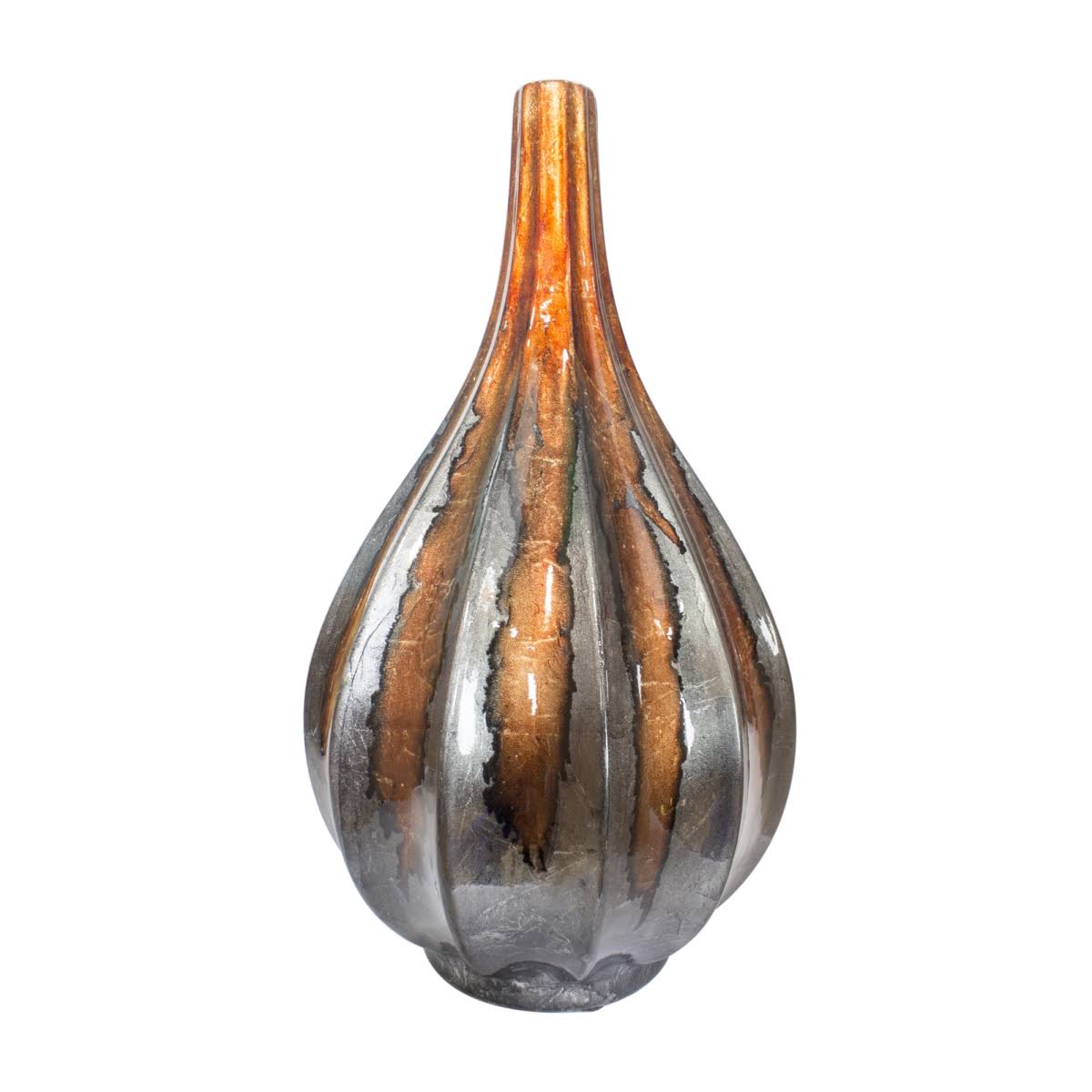 Foiled & Lacquered Ceramic Ridged Teardrop Vase Orange & Silver P71294