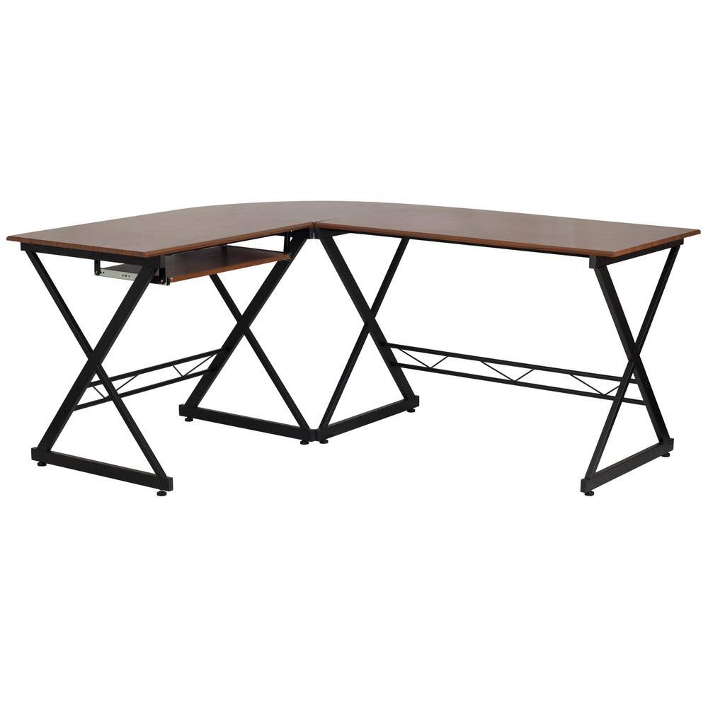 Brown L-Shaped Computer Desk with Keyboard Tray K41833
