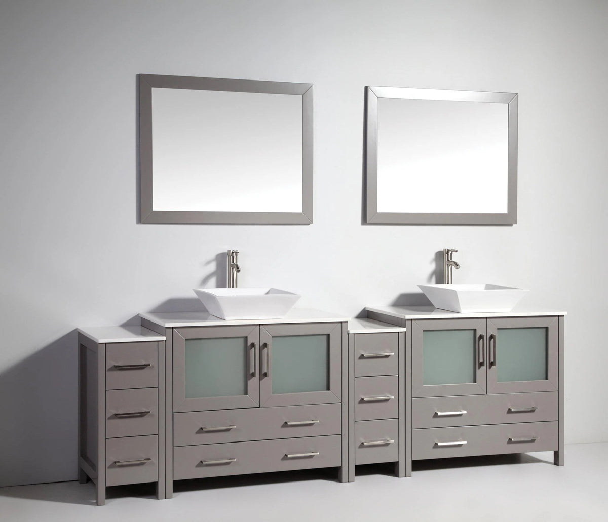 96 in. Grey Double Sink Vanity Cabinet with Ceramic Vessel Sink & Mirror I8855