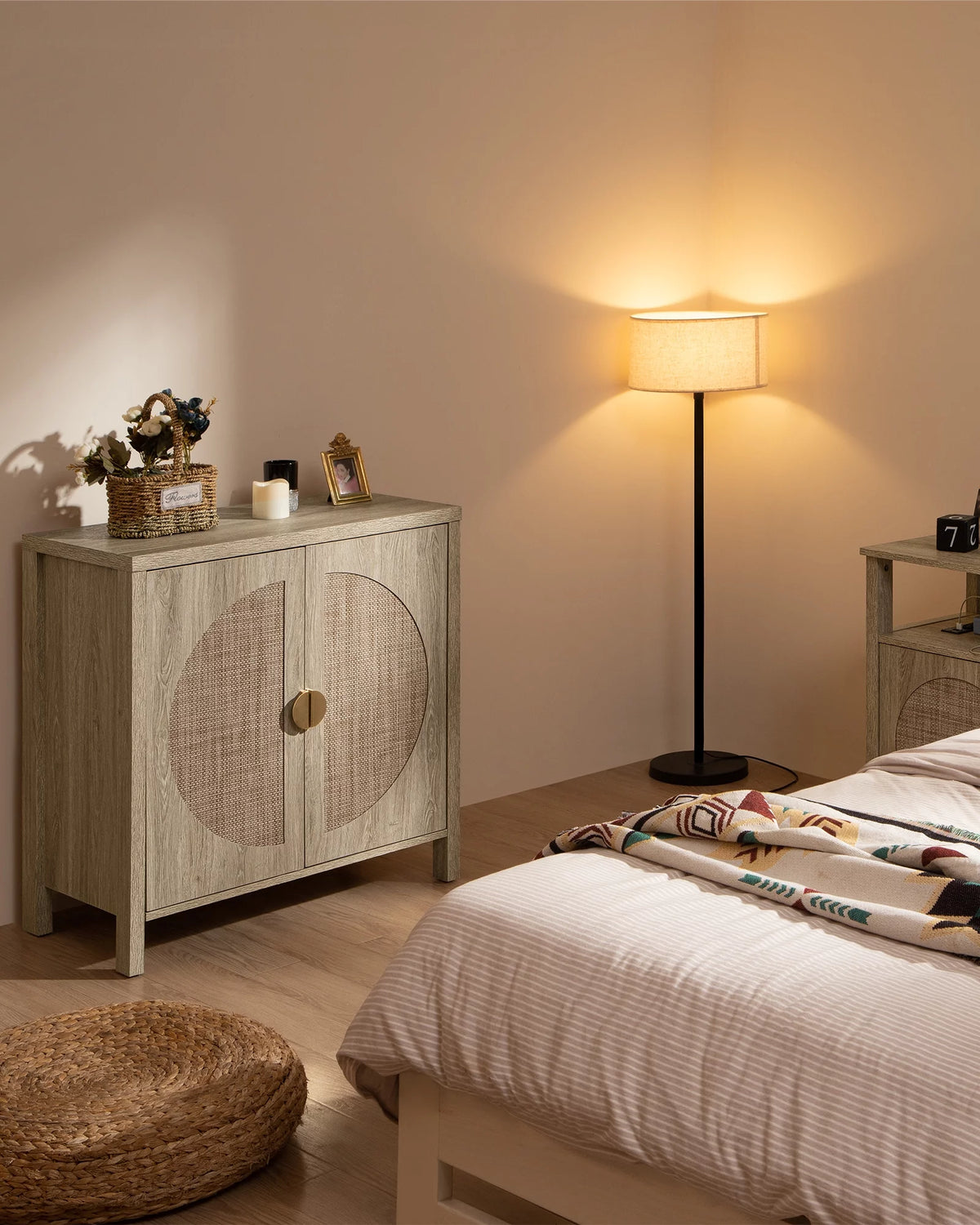 Oak Rattan Sideboard Storage Cabinet Set of 2 Z53374