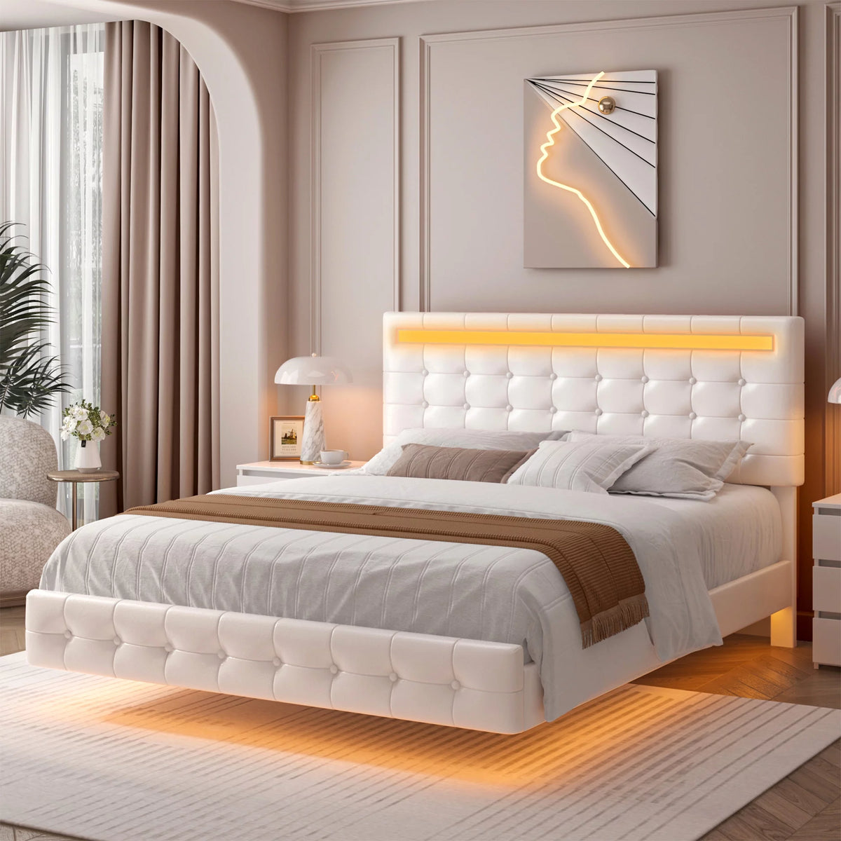 White Queen Floating LED Platform Bed with Storage Z857402