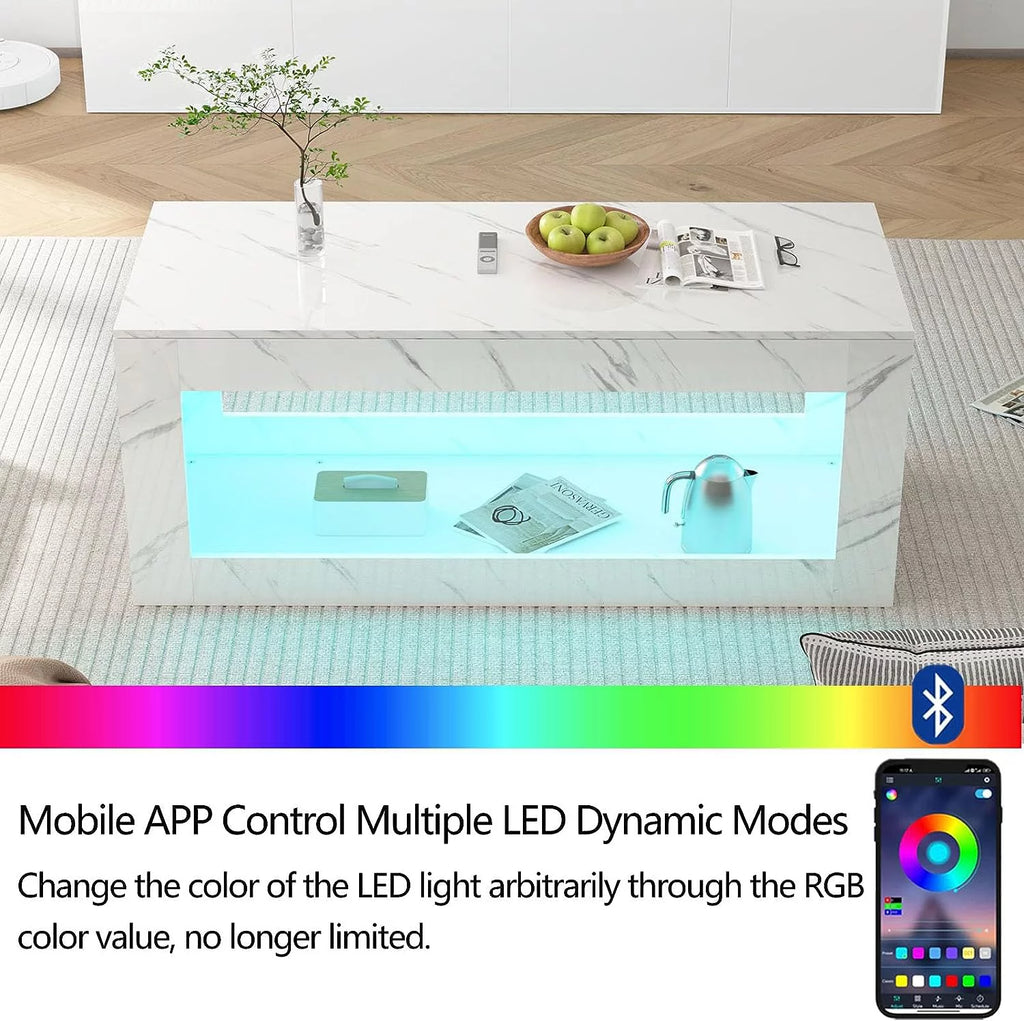 47.3IN High Gloss LED Coffee Table with Marbling Print V539683