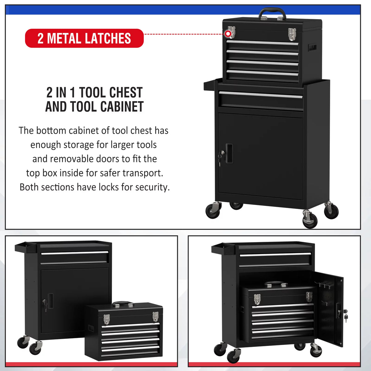 Black 5 Drawer Tool Storage Cabinet with Wheels and Lock U699