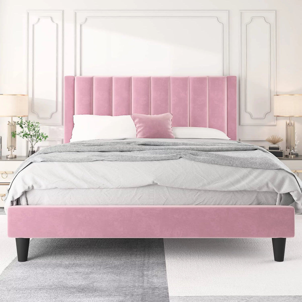 Full Size Platform Bed Frame with Velvet Headboard P811