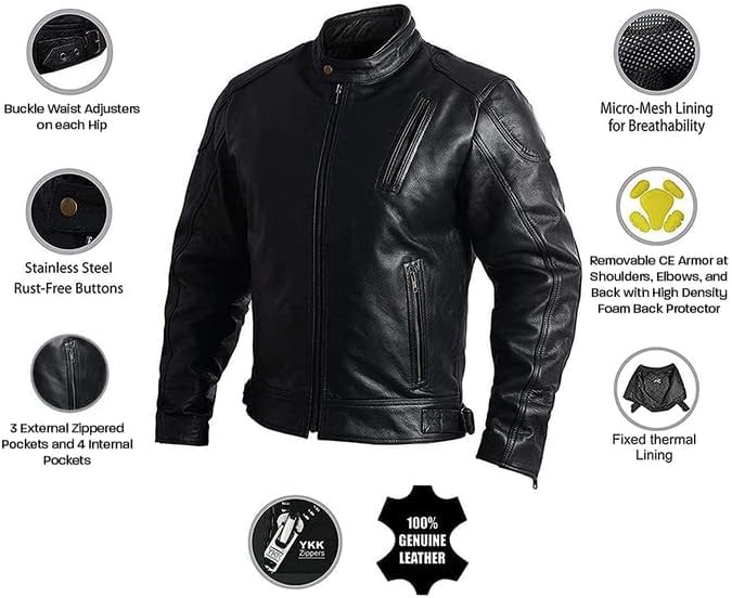 Leather Motorcycle Jacket with Armor H47604