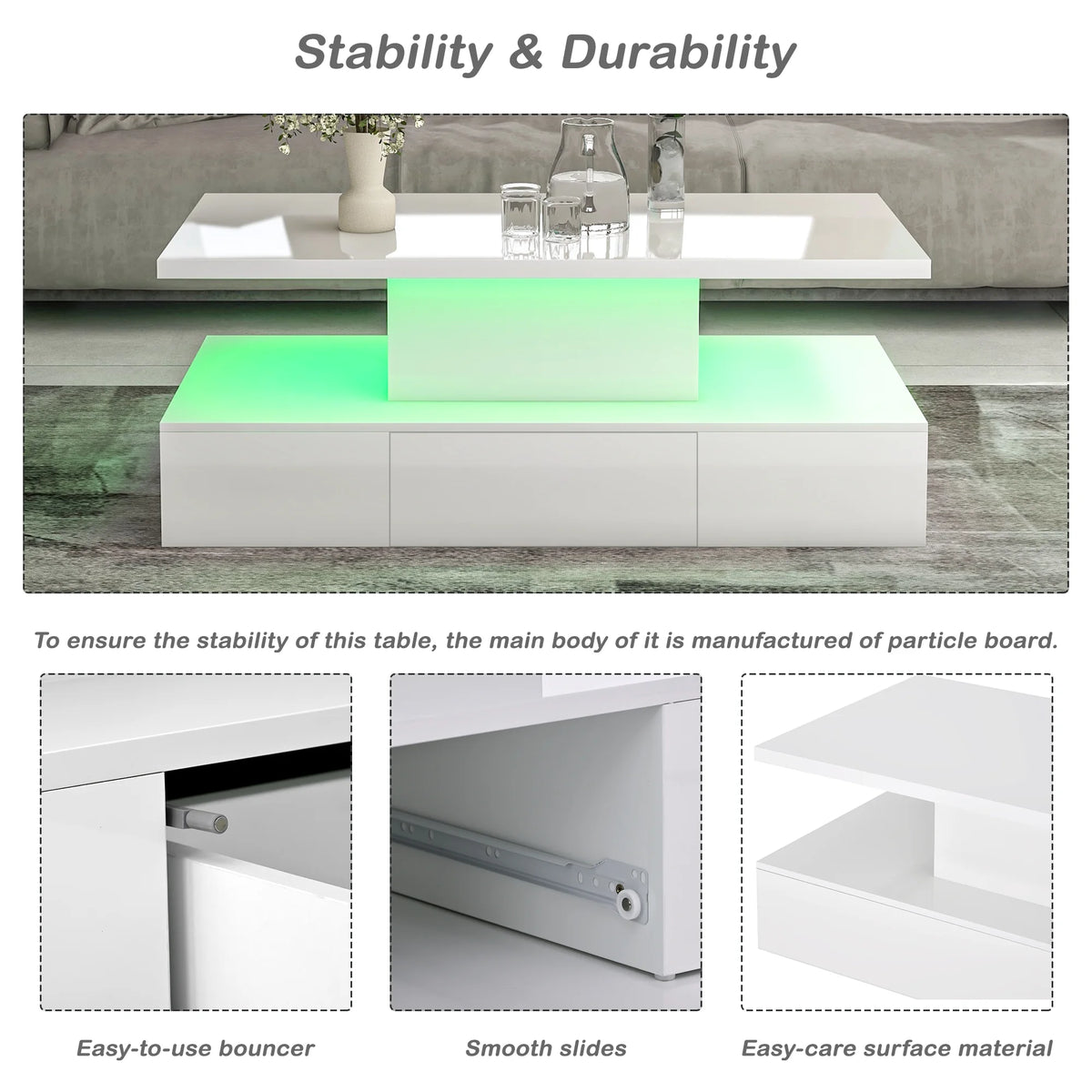 39.3" Coffee Table with Drawer, 2-Tier Rectangle LED White High Gloss V1076