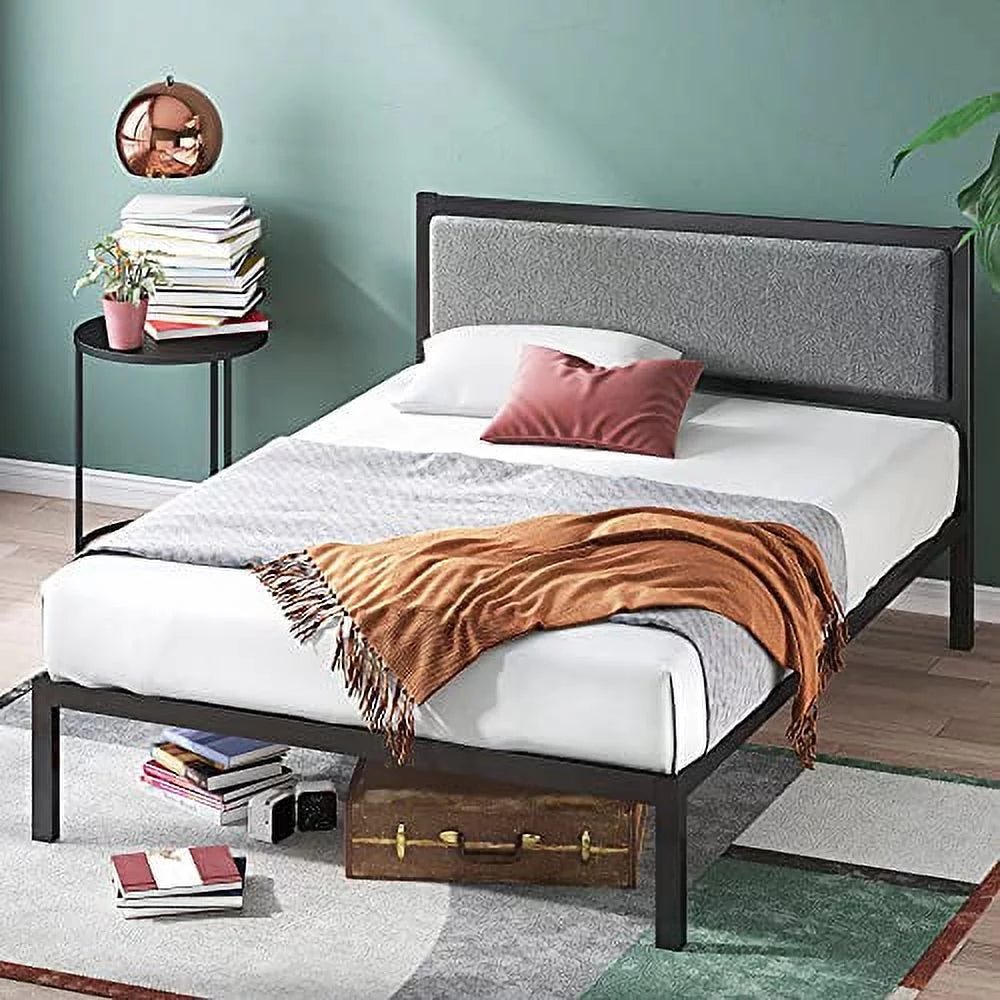14" Steel Platform Bed Frame with Upholstered Headboard, Twin U597