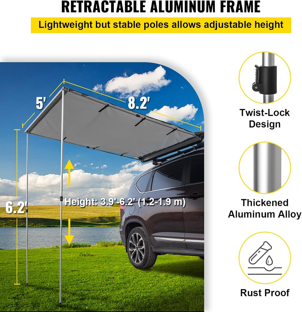 5'x8.2' Retractable Waterproof UV50+ Car Side Awning with Carry Bag O450557